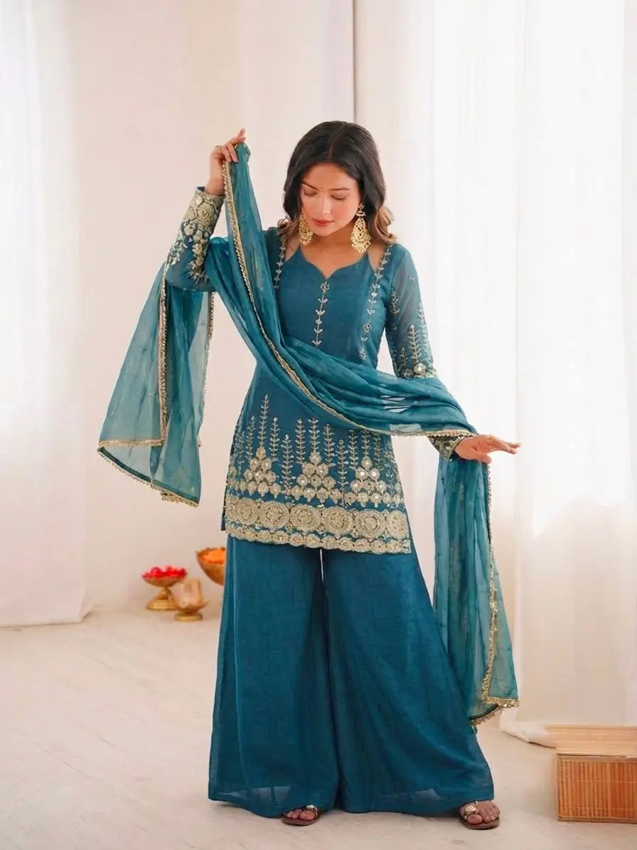 Teal Fendi Silk Sequin Sharara Set
