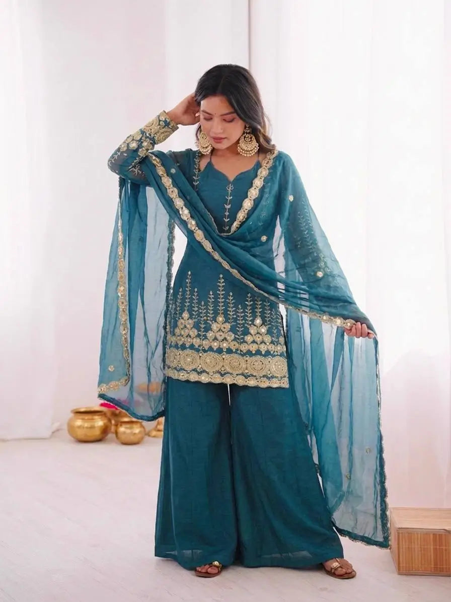 Teal Fendi Silk Sequin Sharara Set