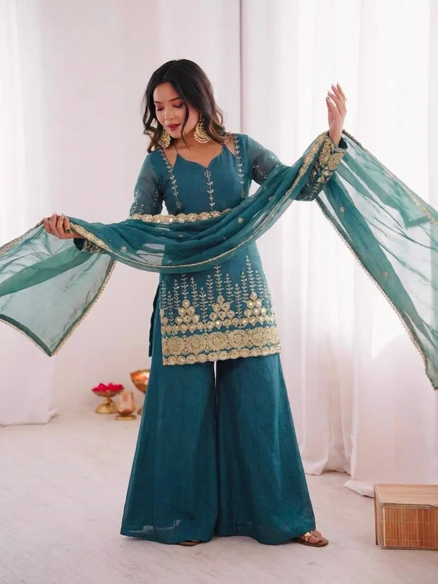 Teal Fendi Silk Sequin Sharara Set