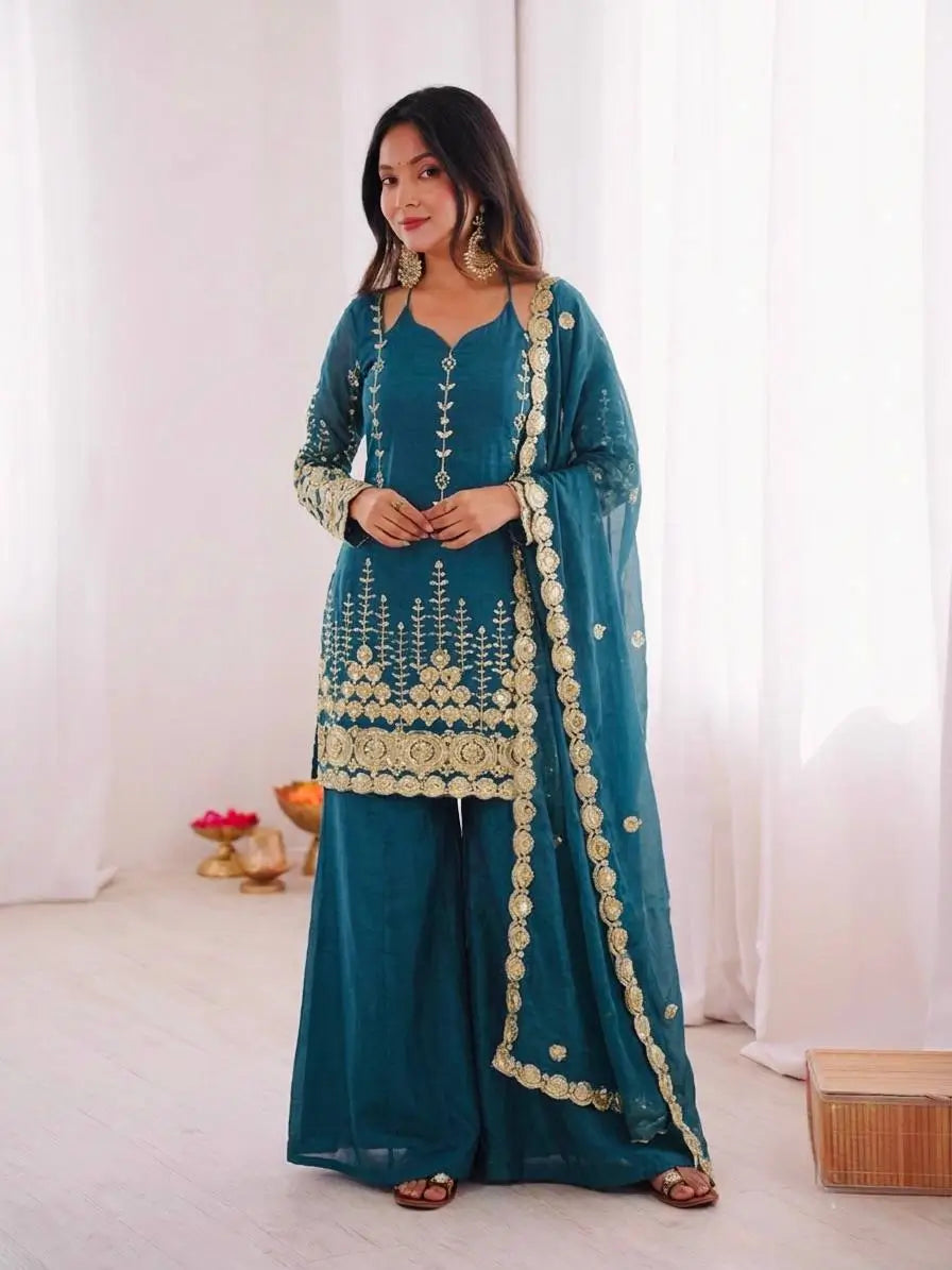 Teal Fendi Silk Sequin Sharara Set