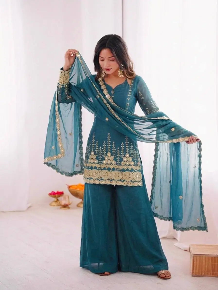 Teal Fendi Silk Sequin Sharara Set