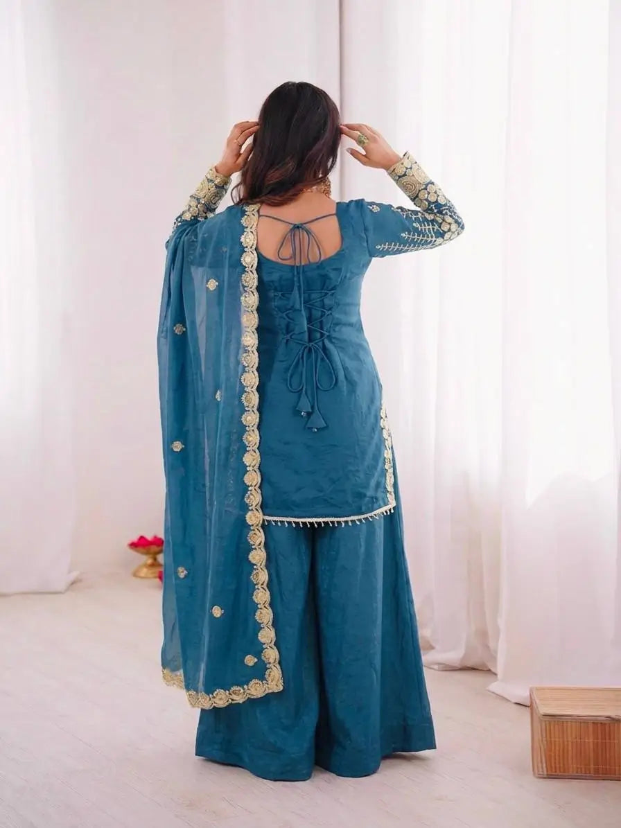 Teal Fendi Silk Sequin Sharara Set
