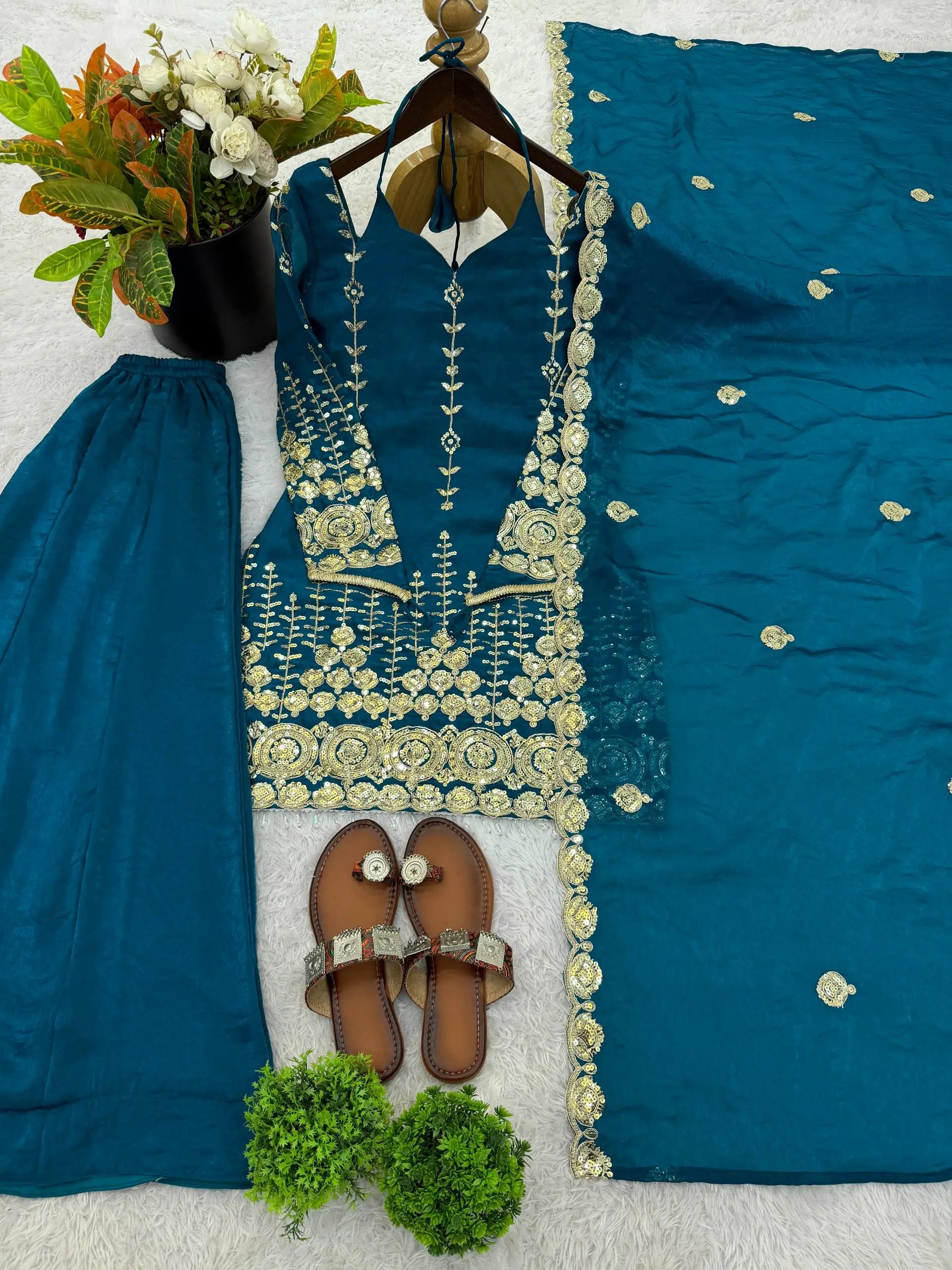 Teal Fendi Silk Sequin Sharara Set