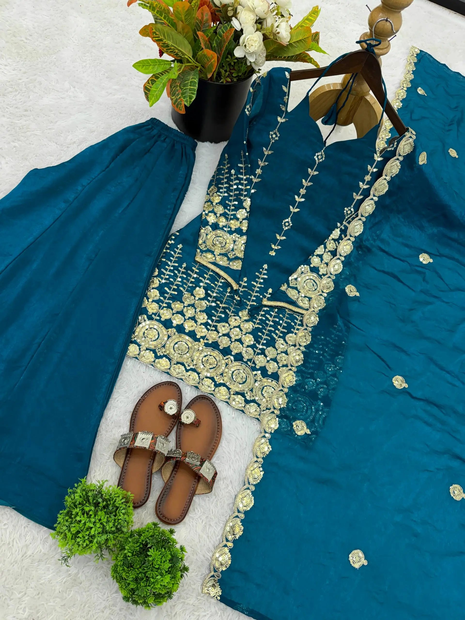 Teal Fendi Silk Sequin Sharara Set