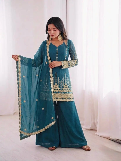 Teal Fendi Silk Sequin Sharara Set