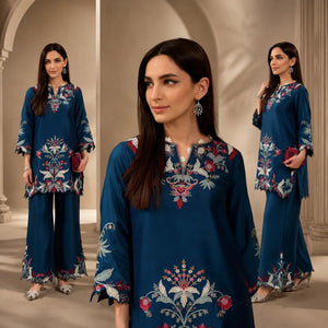 Teal French Crepe Embroidery Kurta Set