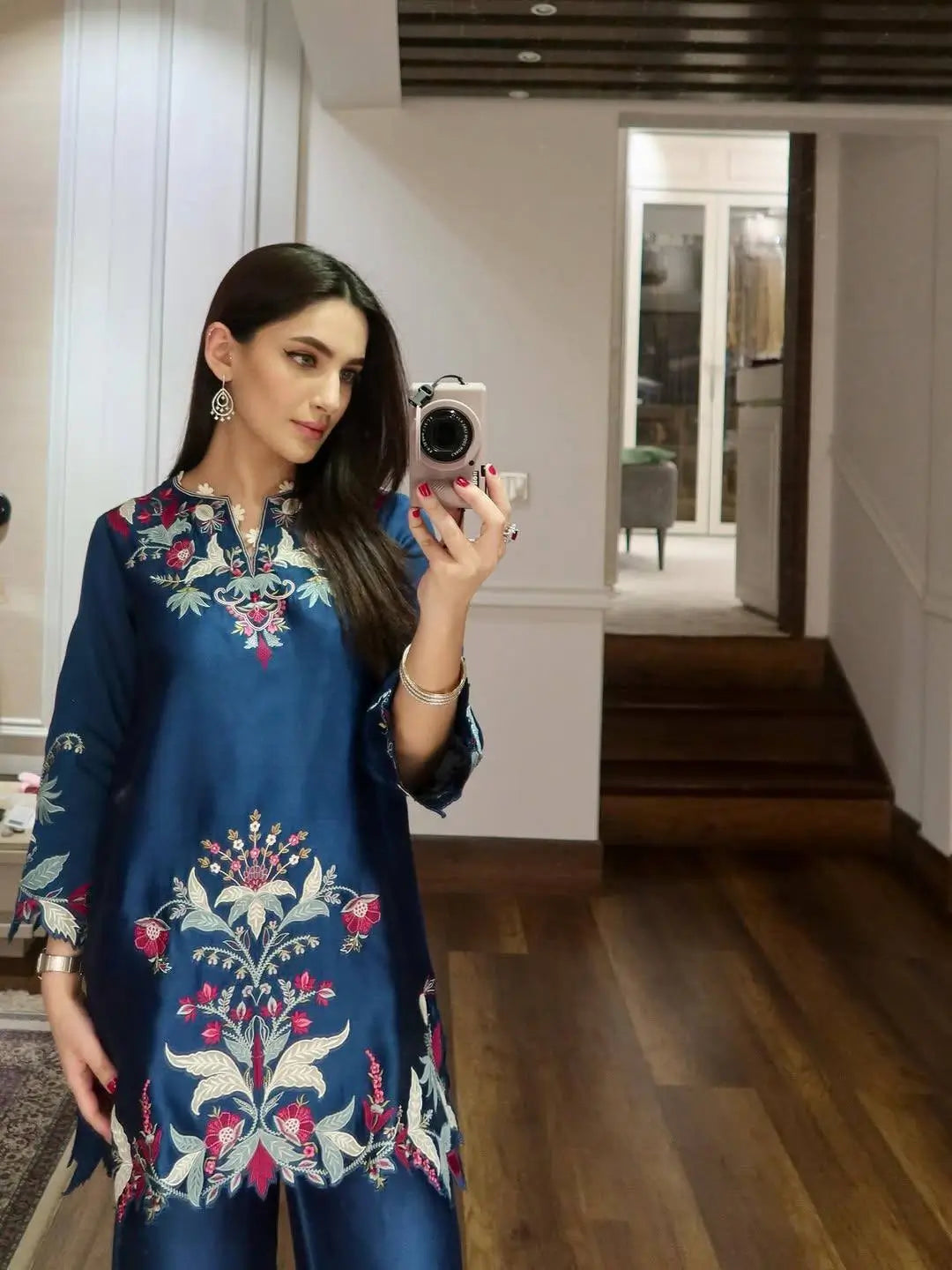 Teal French Crepe Embroidery Kurta Set