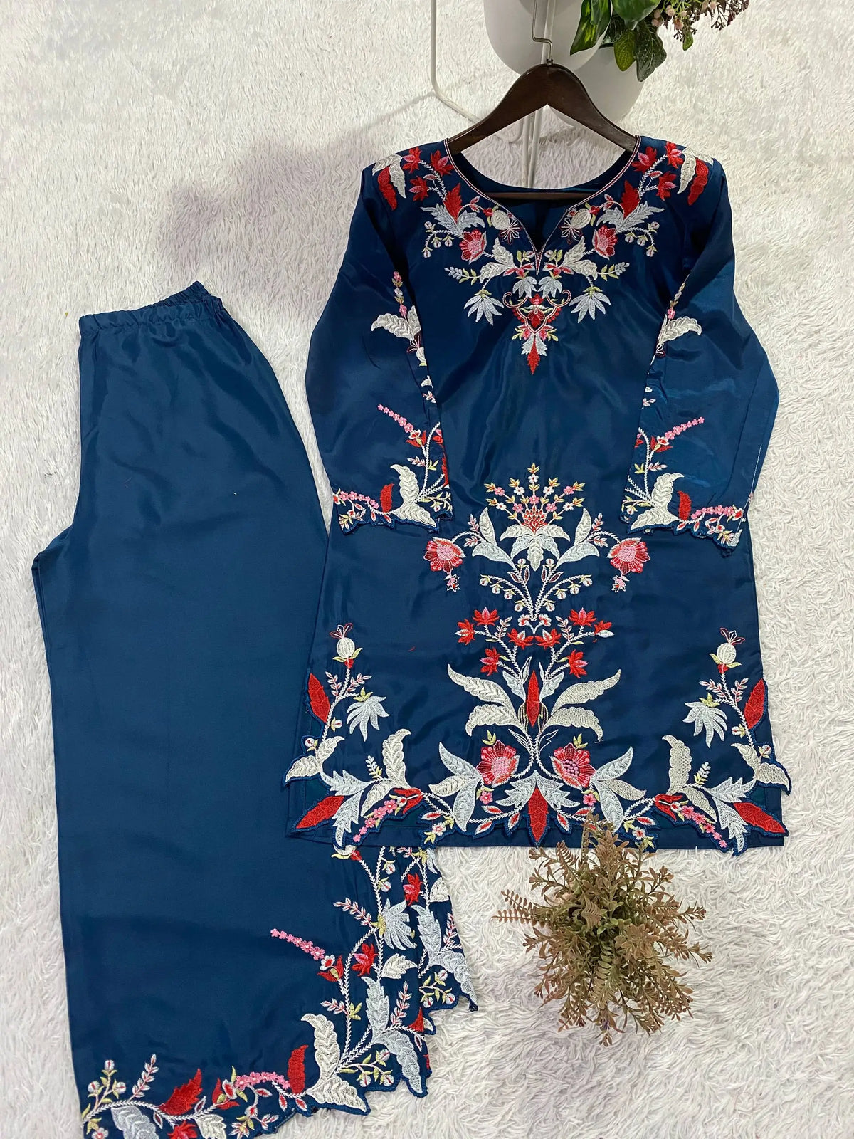 Teal French Crepe Embroidery Kurta Set