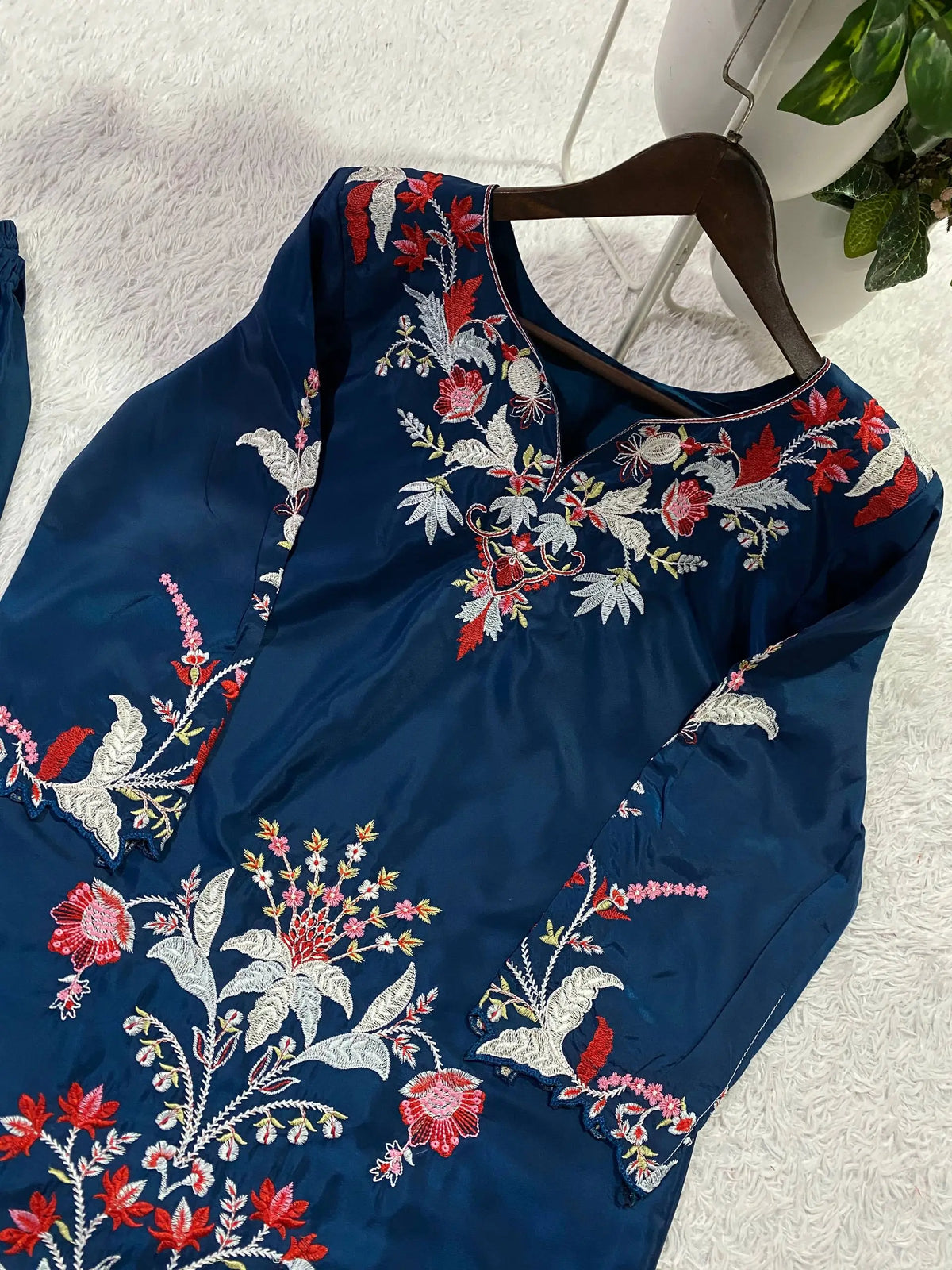 Teal French Crepe Embroidery Kurta Set