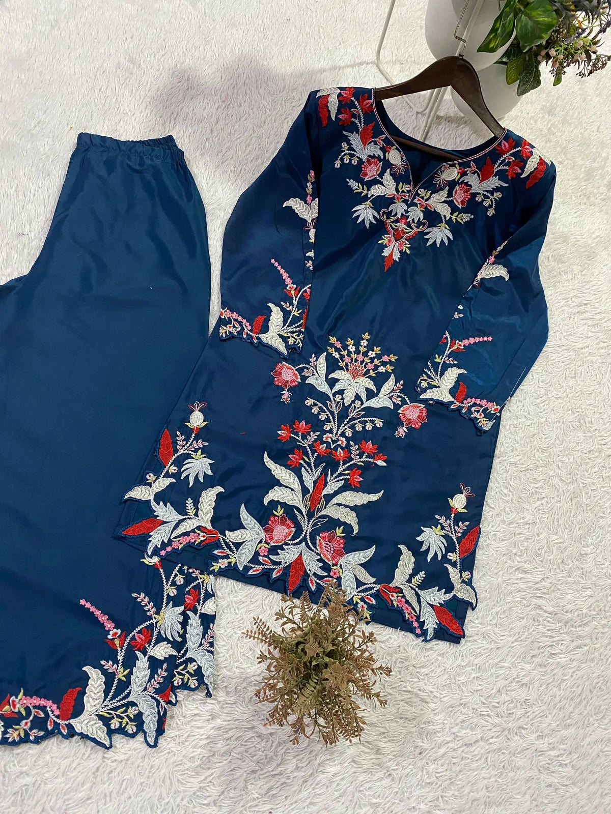 Teal French Crepe Embroidery Kurta Set