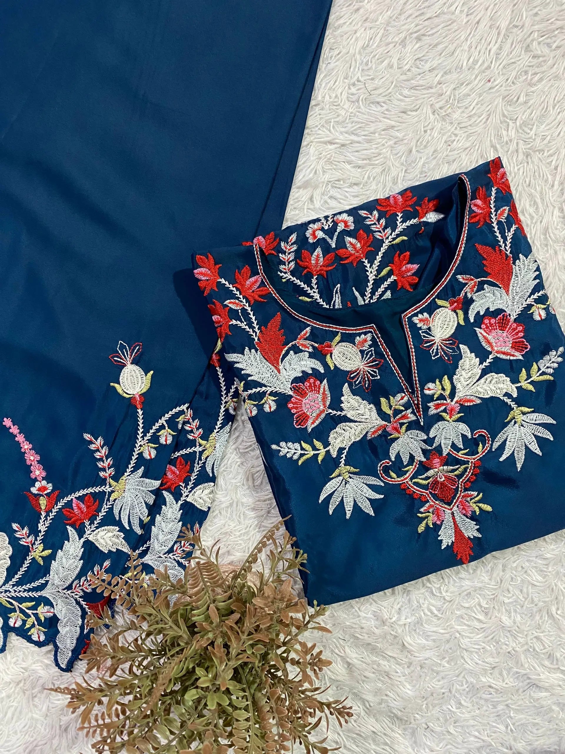 Teal French Crepe Embroidery Kurta Set