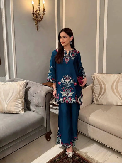 Teal French Crepe Embroidery Kurta Set