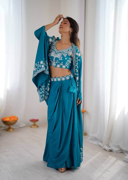 Teal French Crepe Western Dhoti Set for Festive and Party Wear
