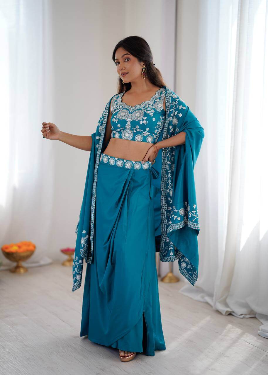 Teal French Crepe Western Dhoti Set for Festive and Party Wear