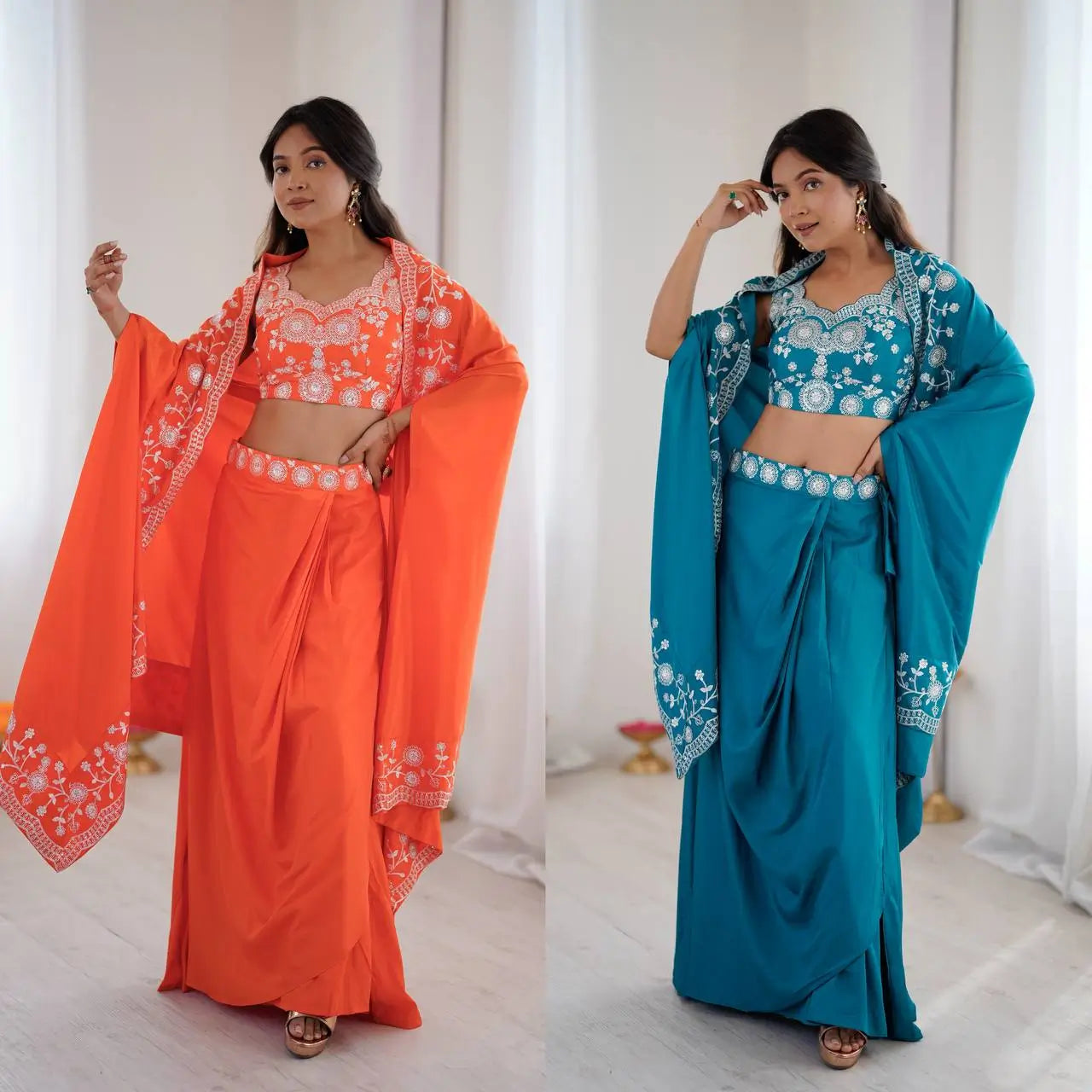 Teal French Crepe Western Dhoti Set for Festive and Party Wear