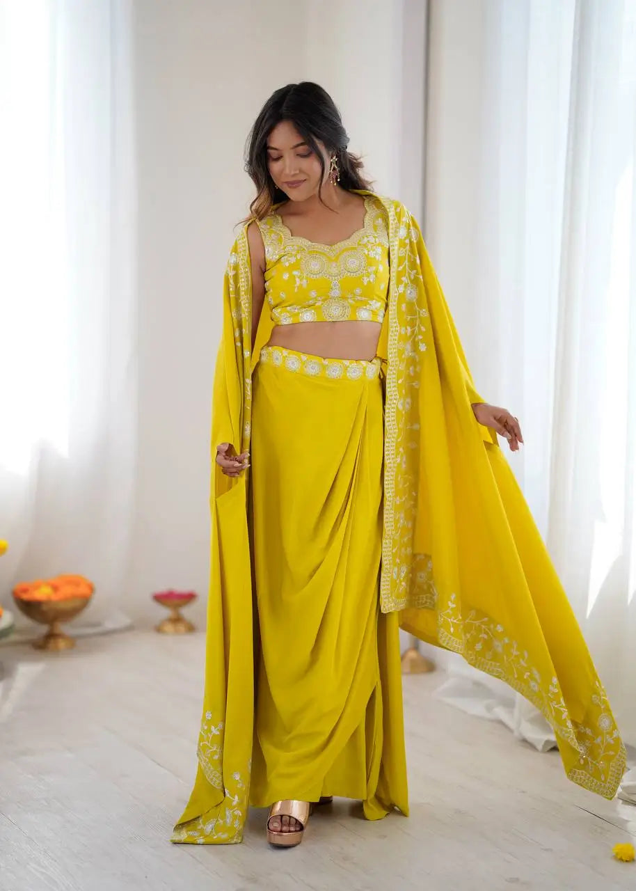 Teal French Crepe Western Dhoti Set for Festive and Party Wear