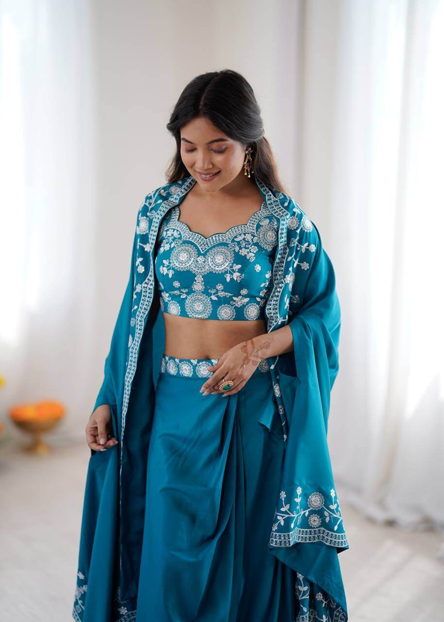 Teal French Crepe Western Dhoti Set for Festive and Party Wear