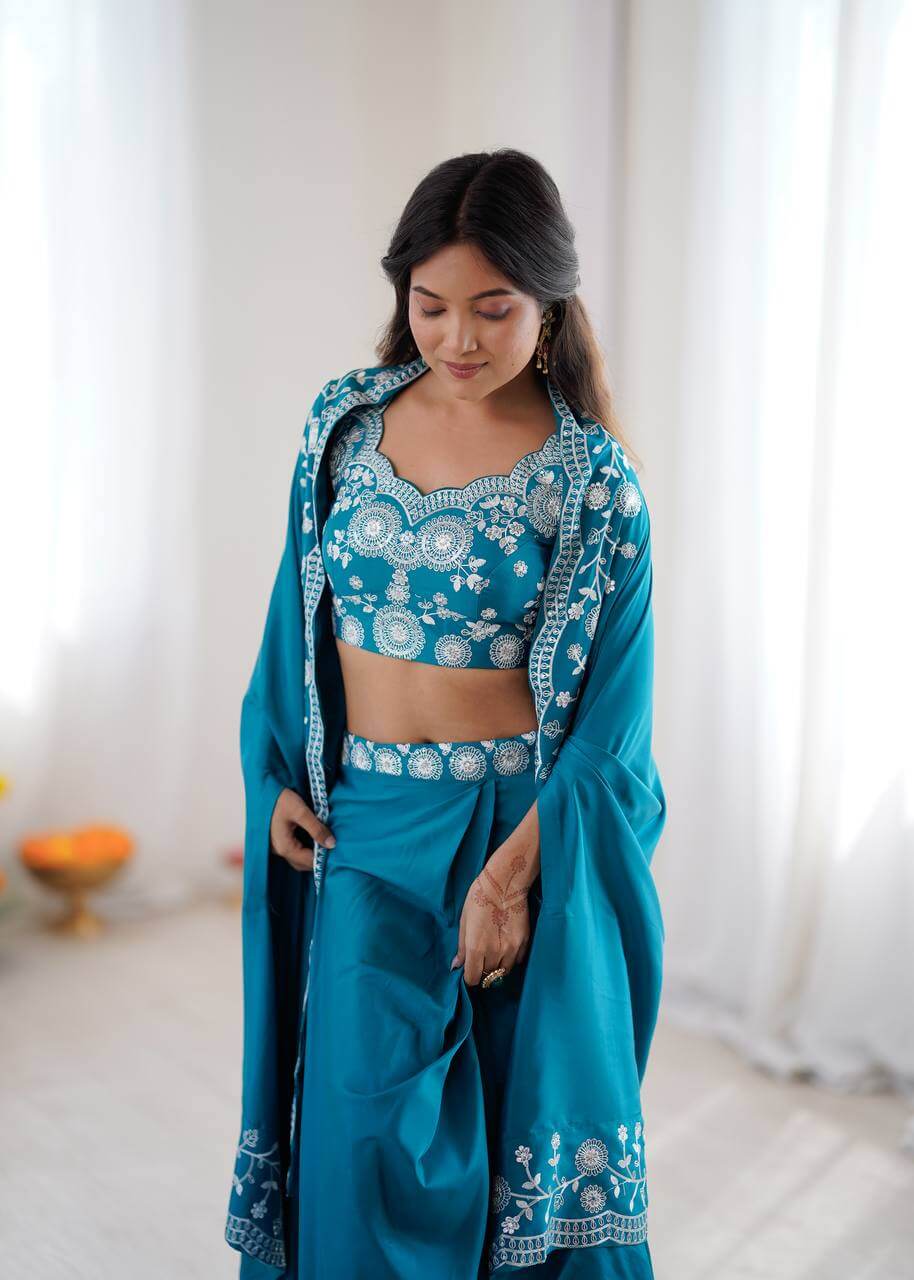 Teal French Crepe Western Dhoti Set for Festive and Party Wear