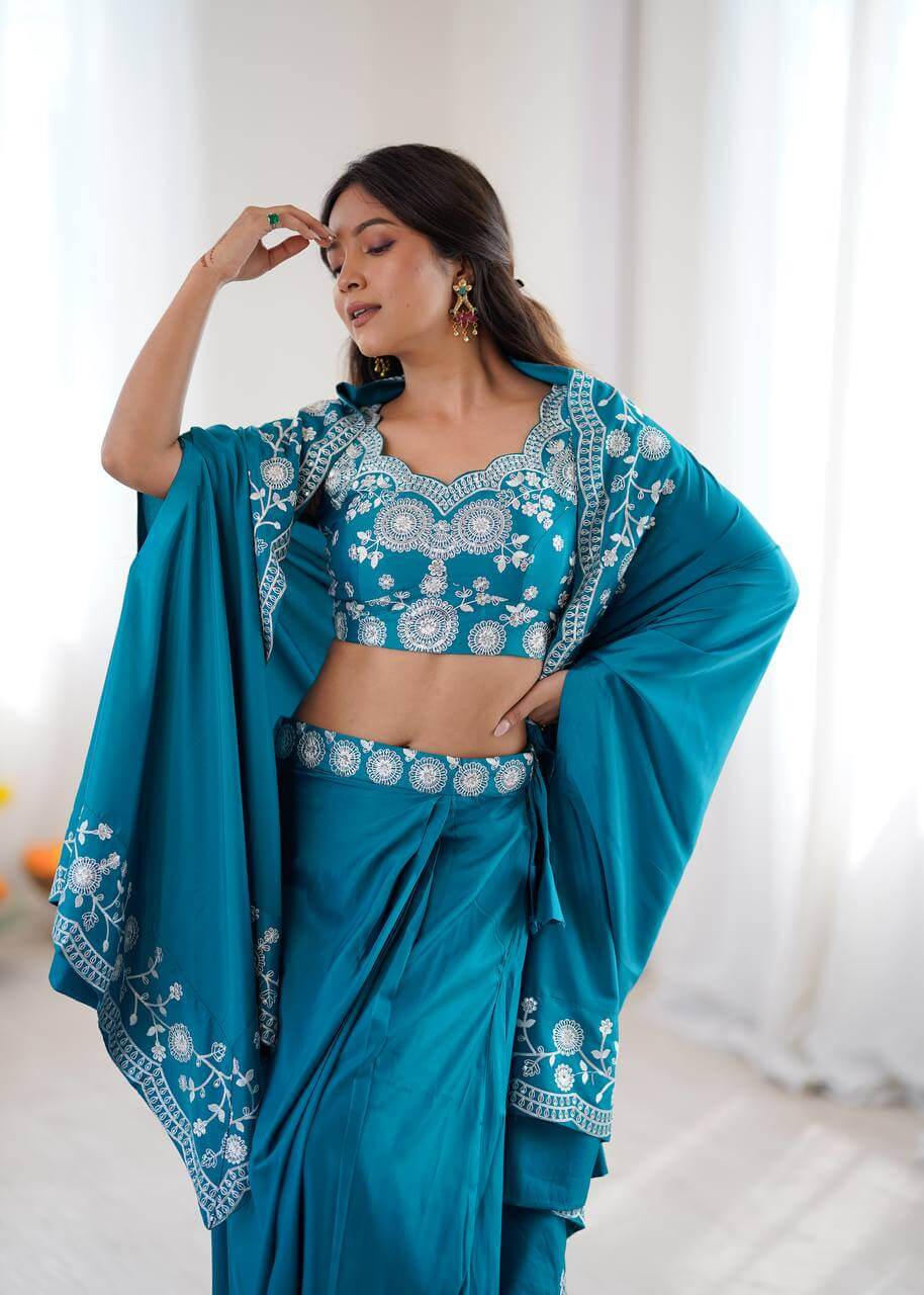 Teal French Crepe Western Dhoti Set for Festive and Party Wear