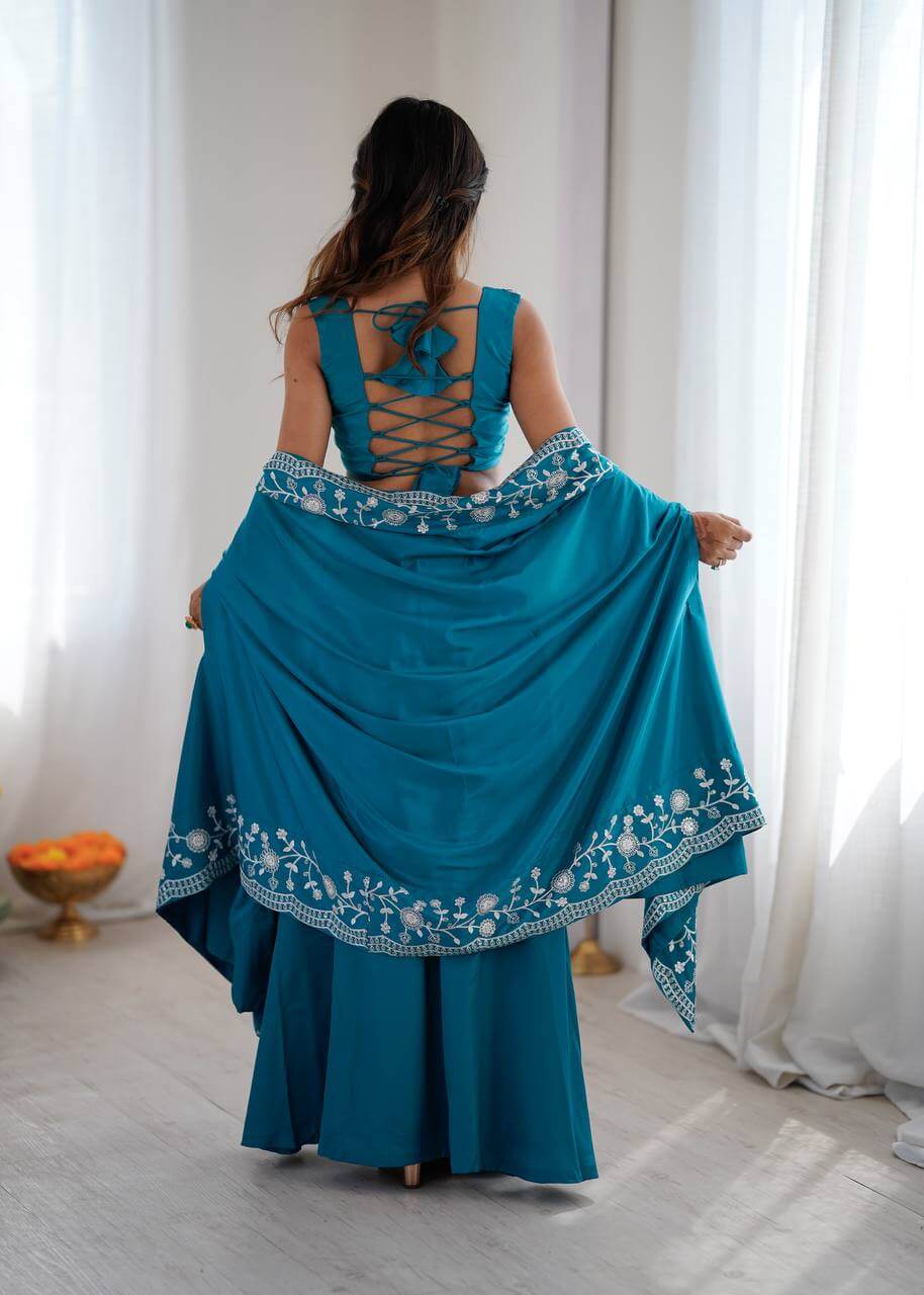 Teal French Crepe Western Dhoti Set for Festive and Party Wear