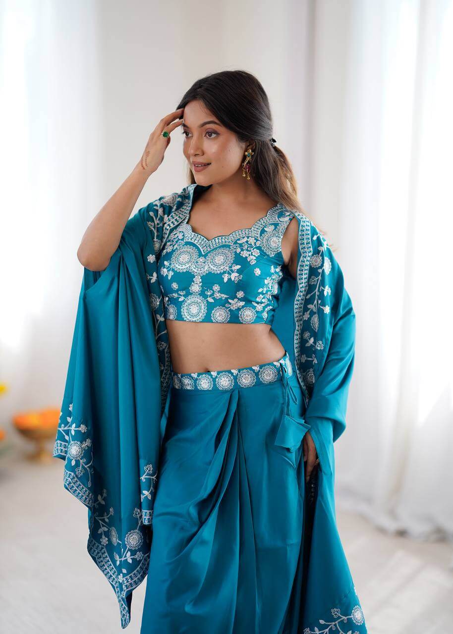 Teal French Crepe Western Dhoti Set for Festive and Party Wear