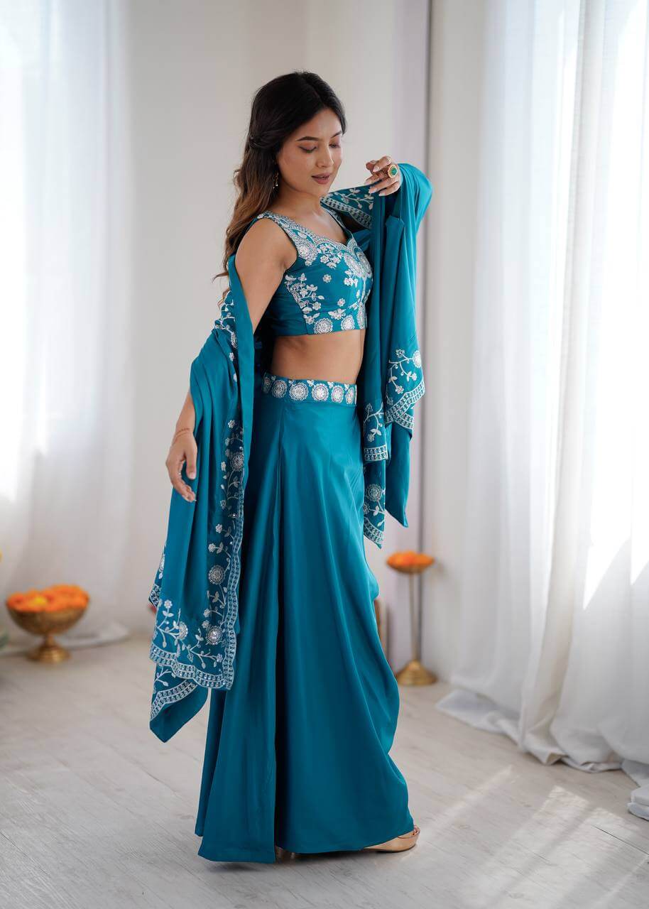 Teal French Crepe Western Dhoti Set for Festive and Party Wear