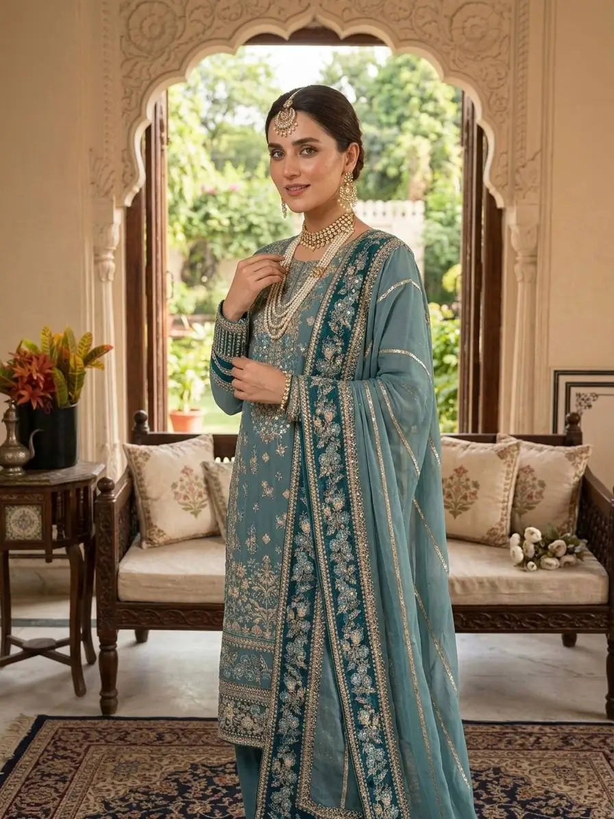 Teal Georgette Kurta Pant Set with Dupatta