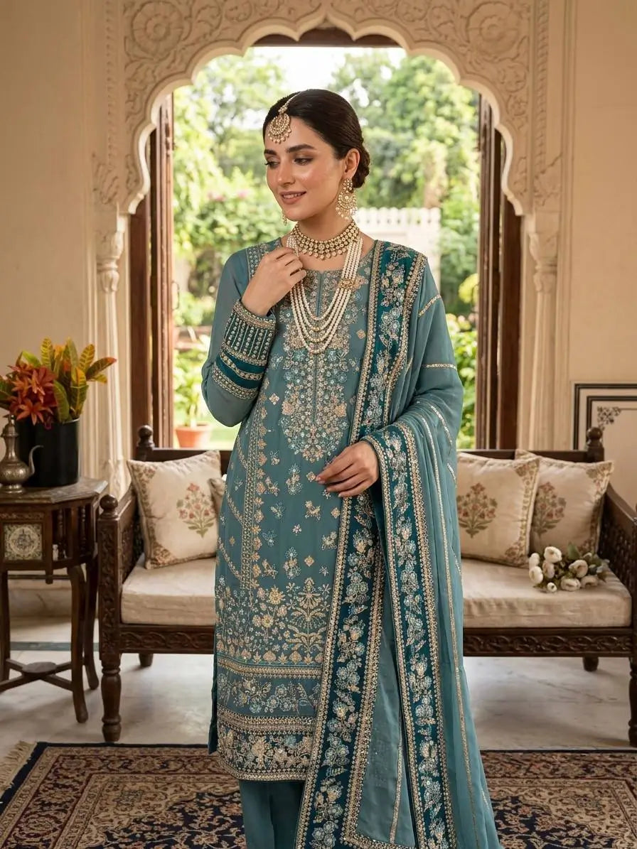 Teal Georgette Kurta Pant Set with Dupatta