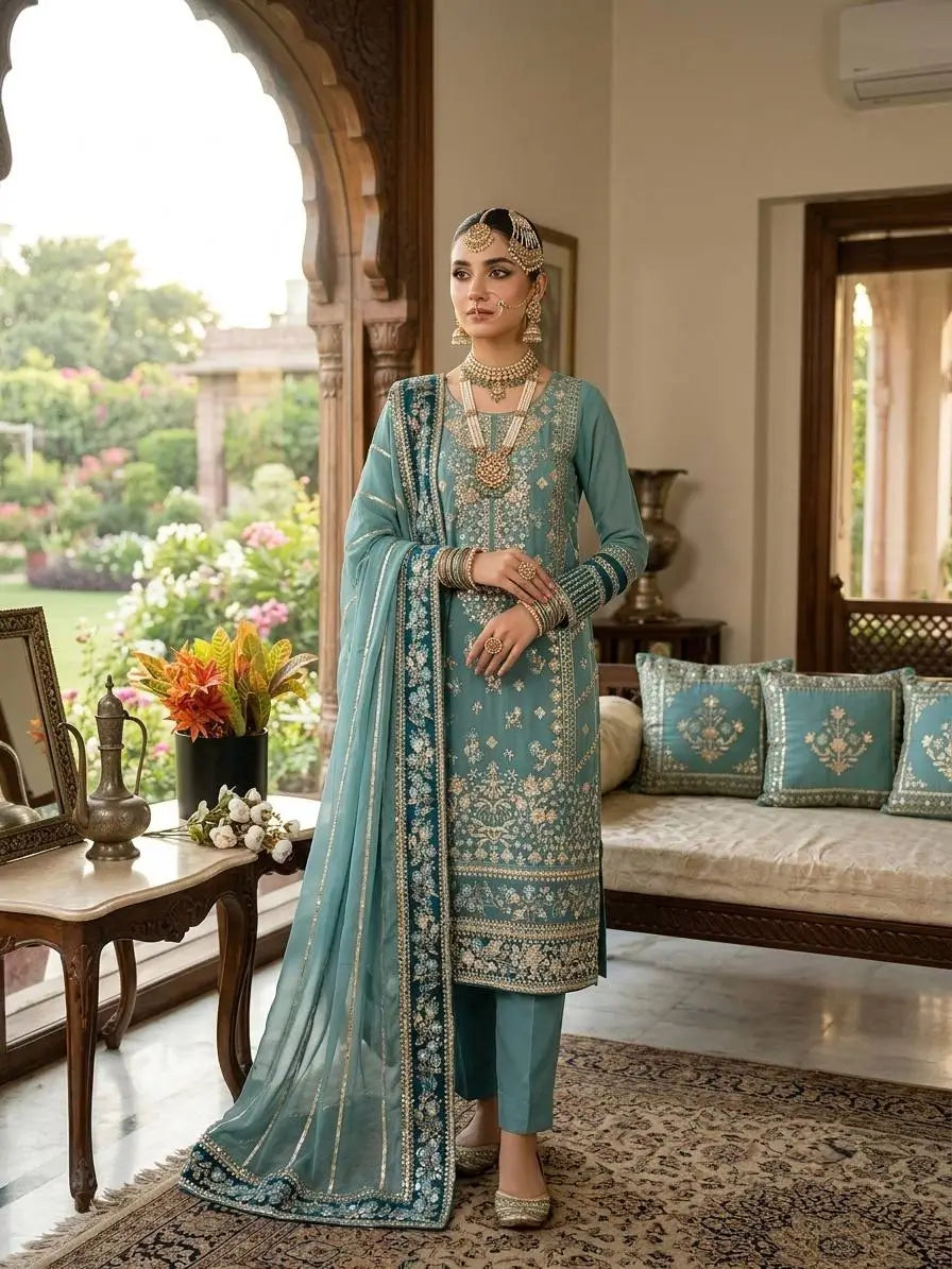 Teal Georgette Kurta Pant Set with Dupatta