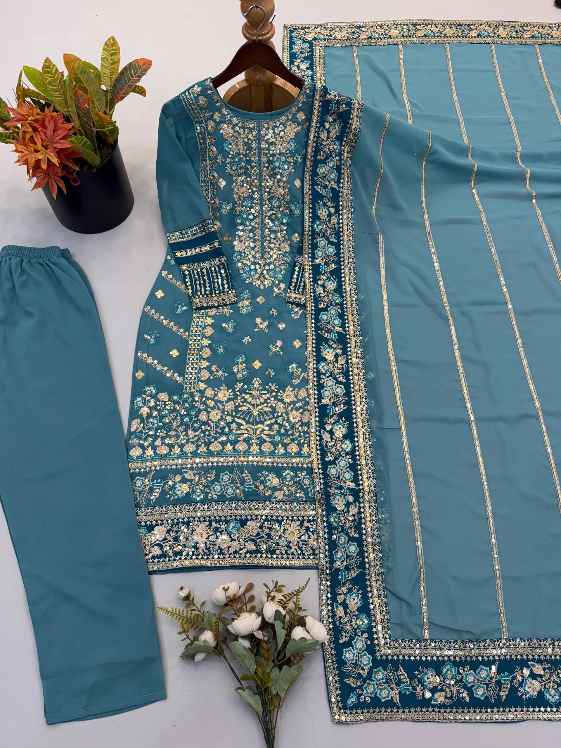 Teal Georgette Kurta Pant Set with Dupatta
