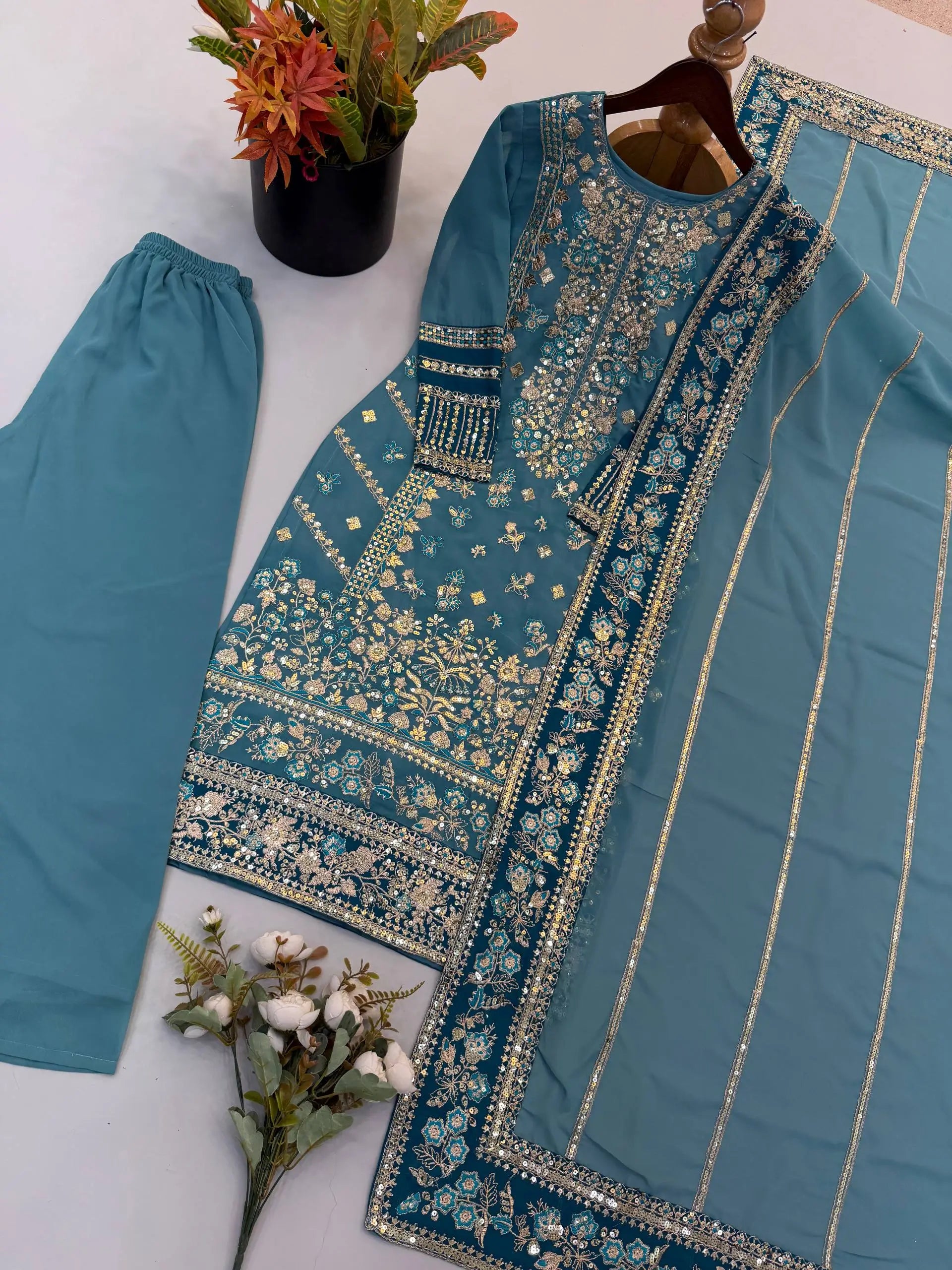 Teal Georgette Kurta Pant Set with Dupatta