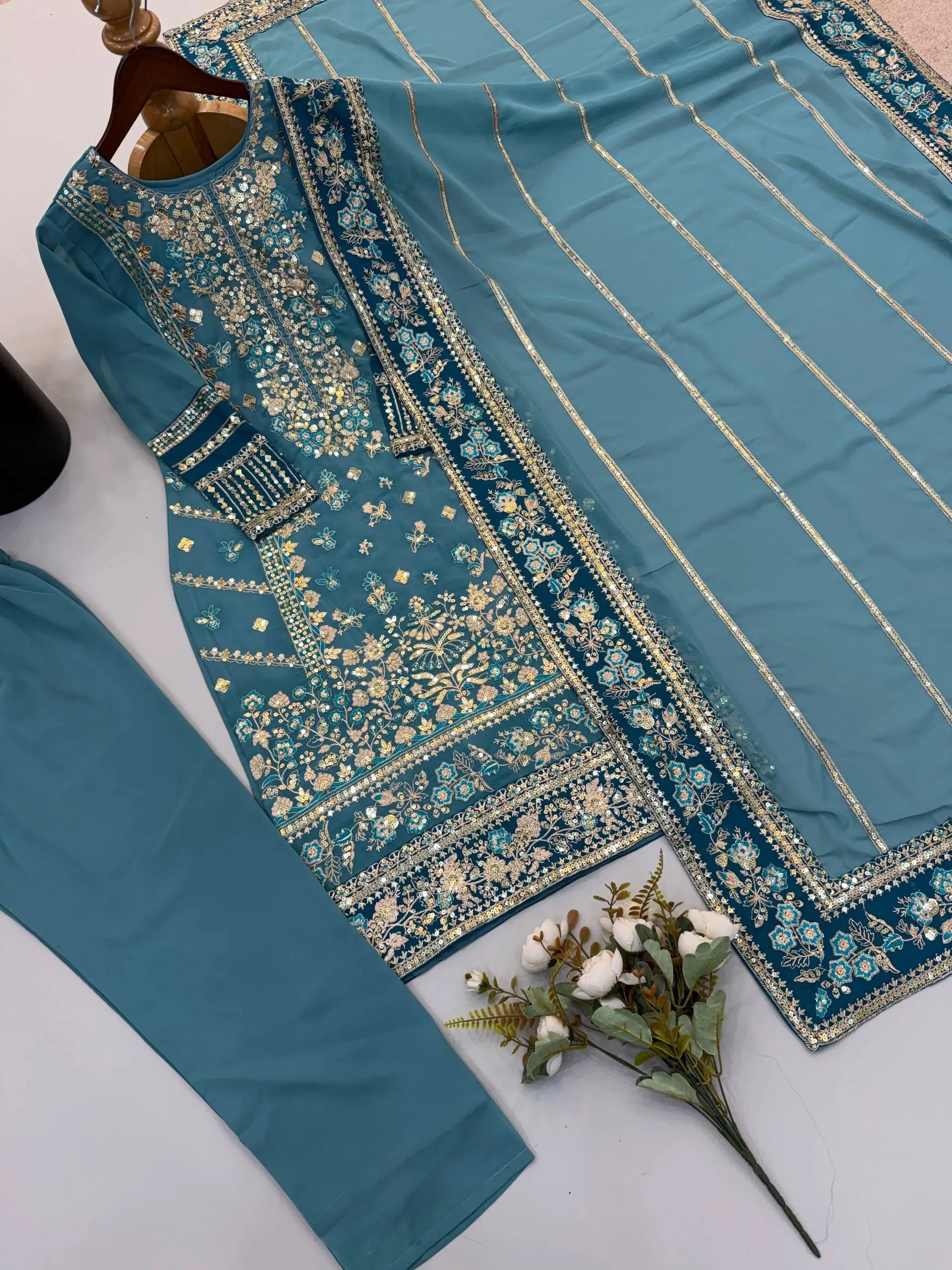 Teal Georgette Kurta Pant Set with Dupatta