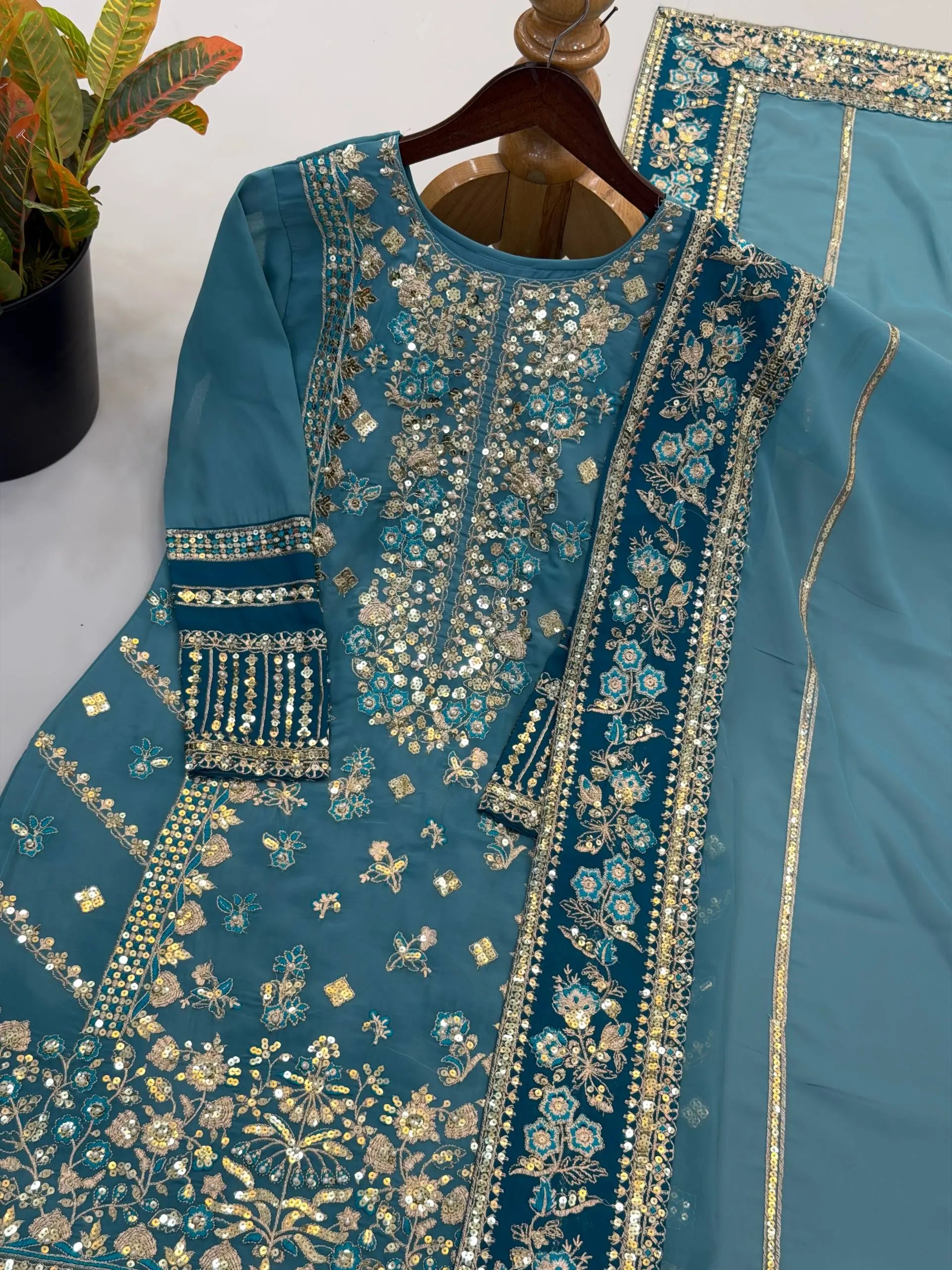 Teal Georgette Kurta Pant Set with Dupatta