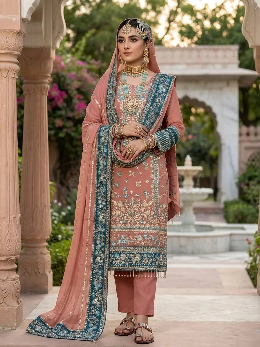 Teal Georgette Kurta Pant Set with Dupatta