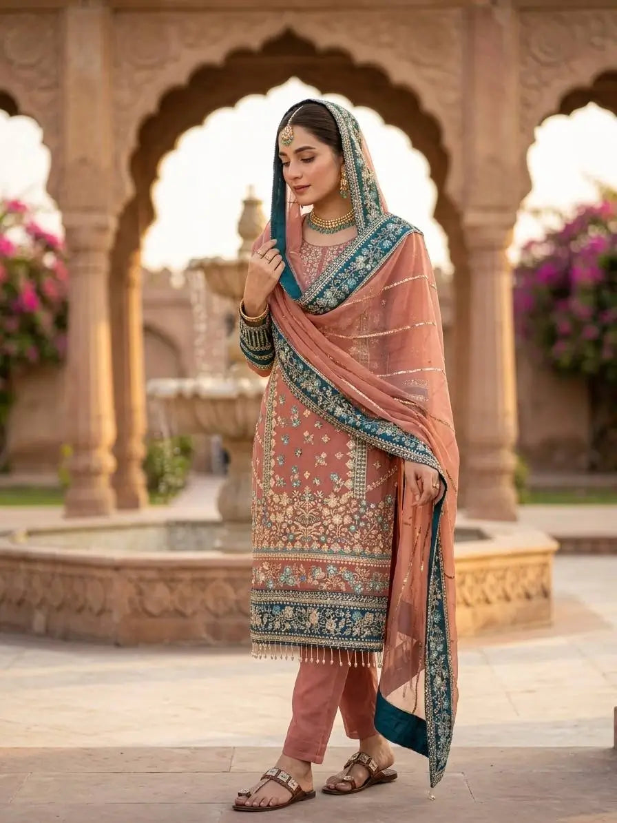 Teal Georgette Kurta Pant Set with Dupatta