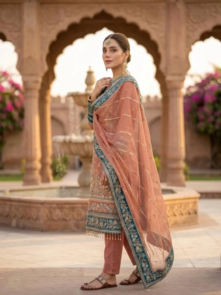 Teal Georgette Kurta Pant Set with Dupatta