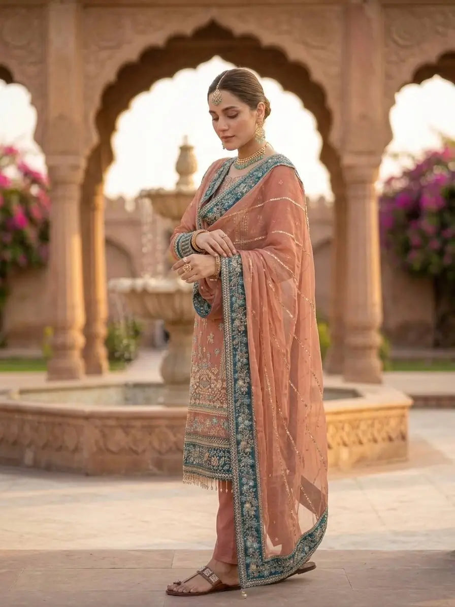 Teal Georgette Kurta Pant Set with Dupatta