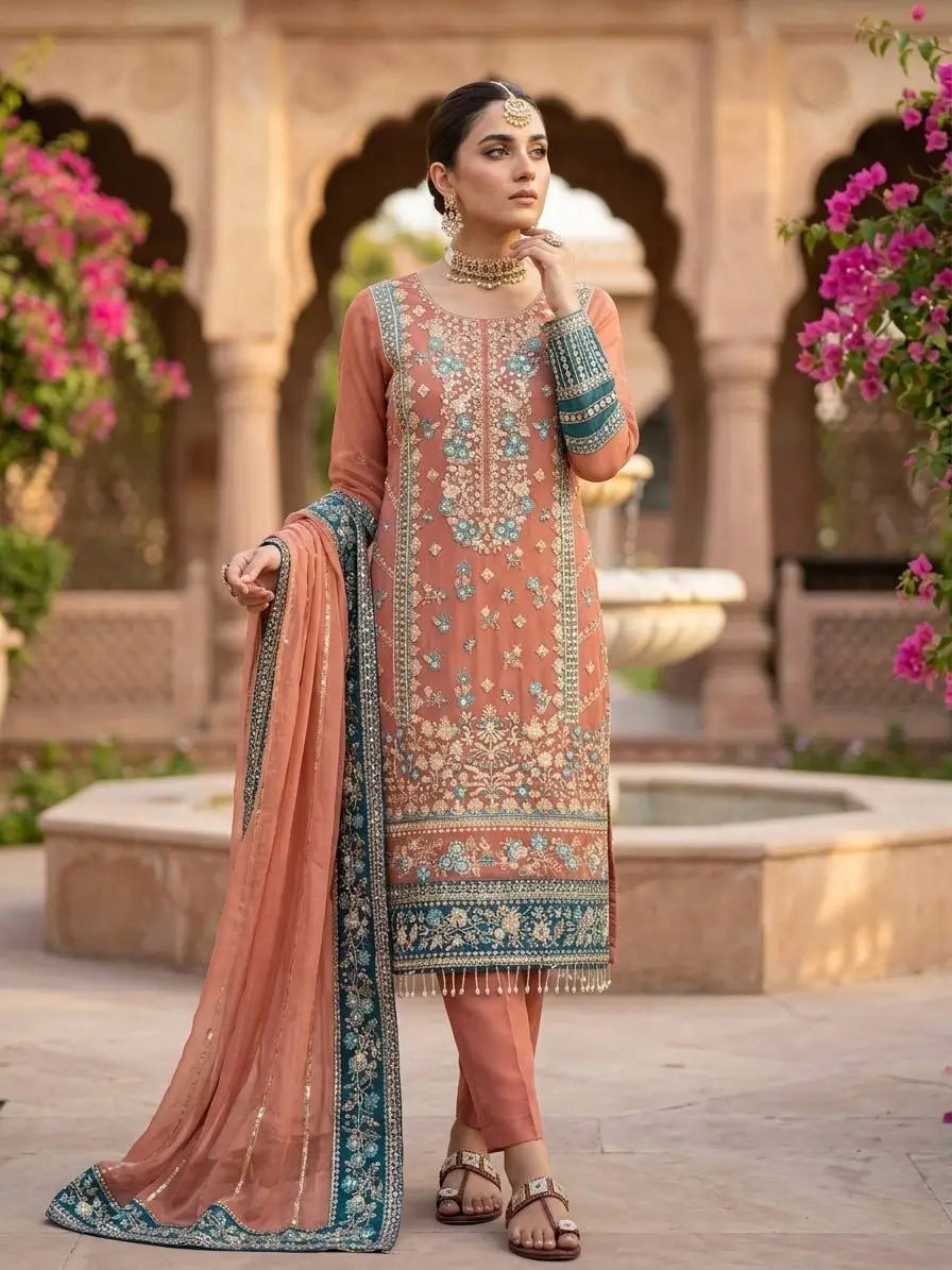 Teal Georgette Kurta Pant Set with Dupatta