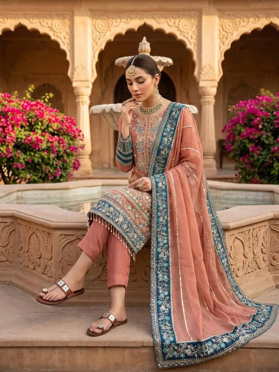 Teal Georgette Kurta Pant Set with Dupatta