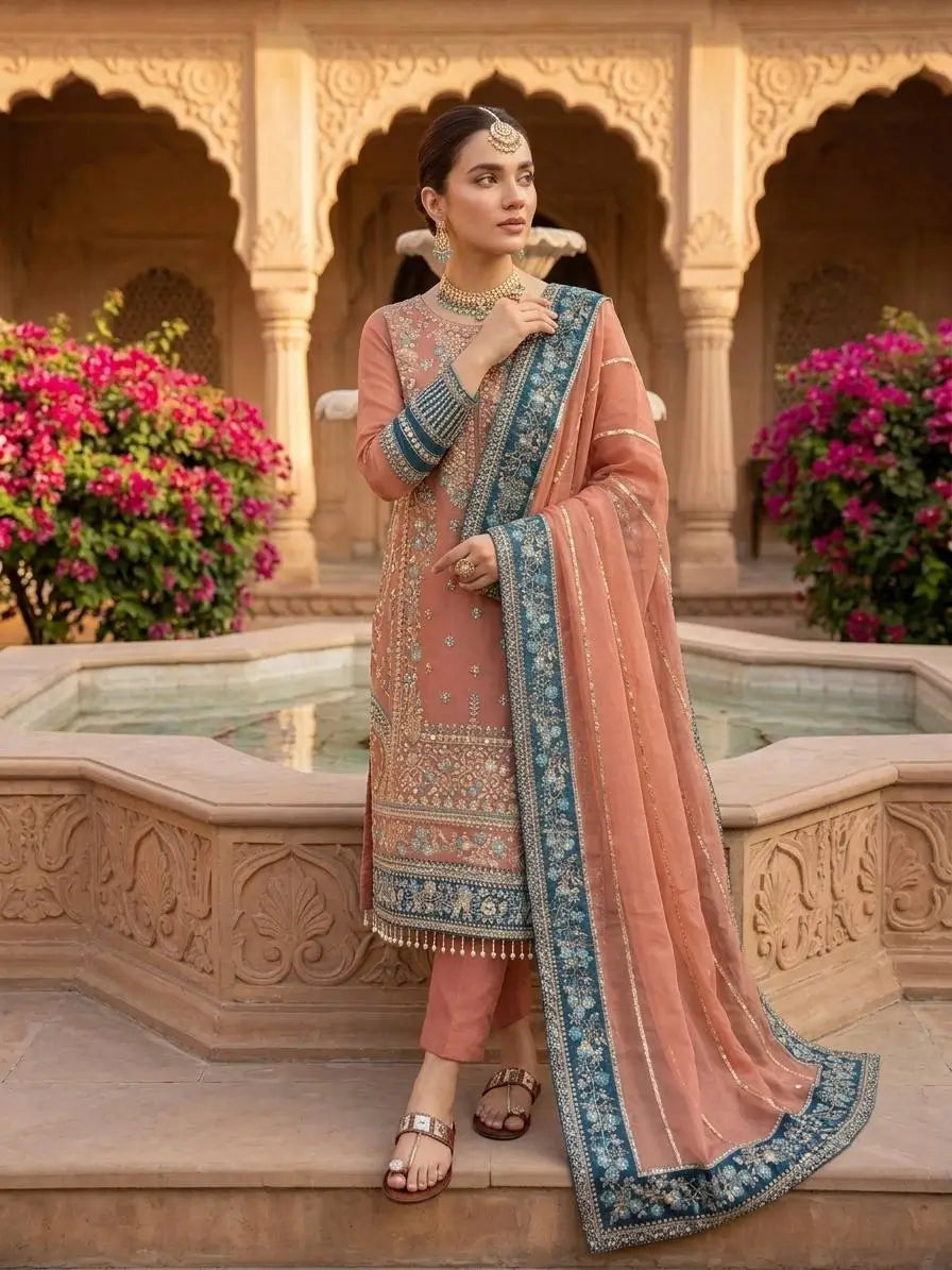 Teal Georgette Kurta Pant Set with Dupatta