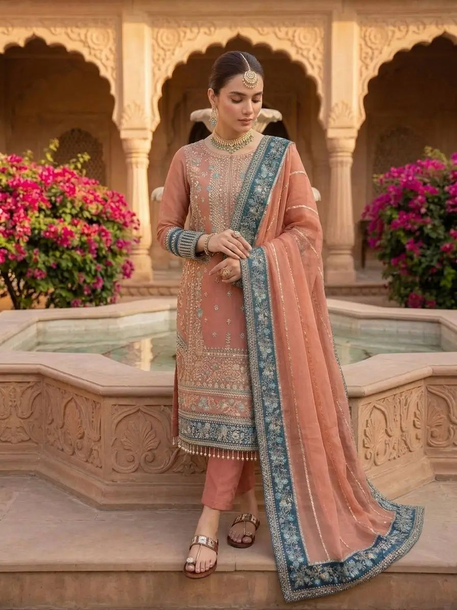 Teal Georgette Kurta Pant Set with Dupatta