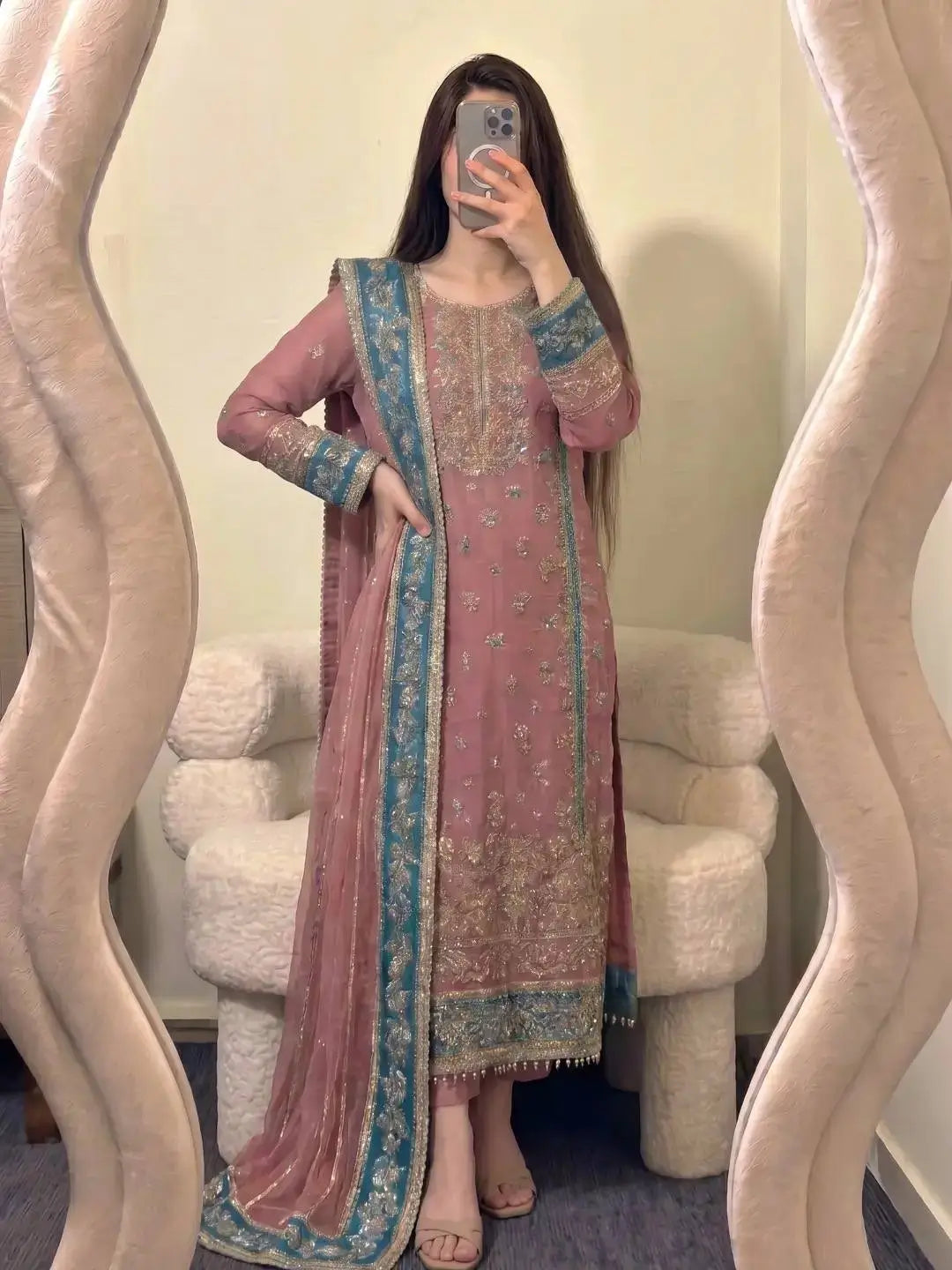 Teal Georgette Kurta Pant Set with Dupatta
