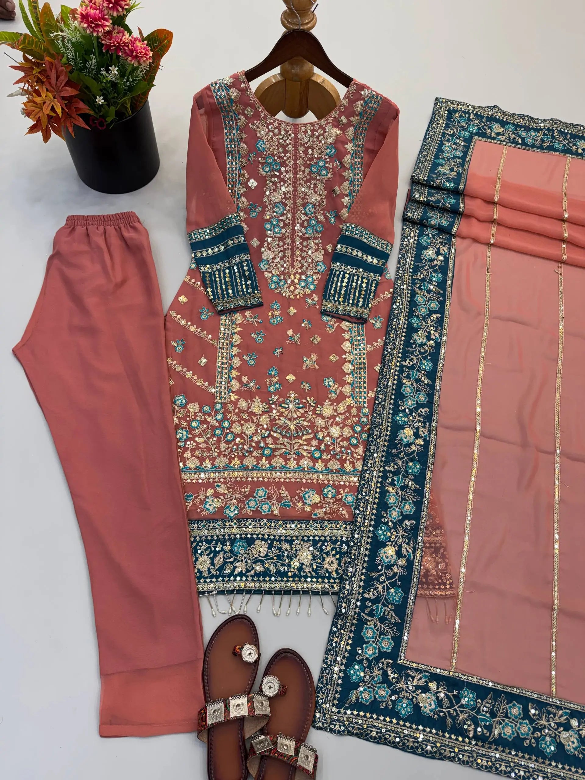 Teal Georgette Kurta Pant Set with Dupatta