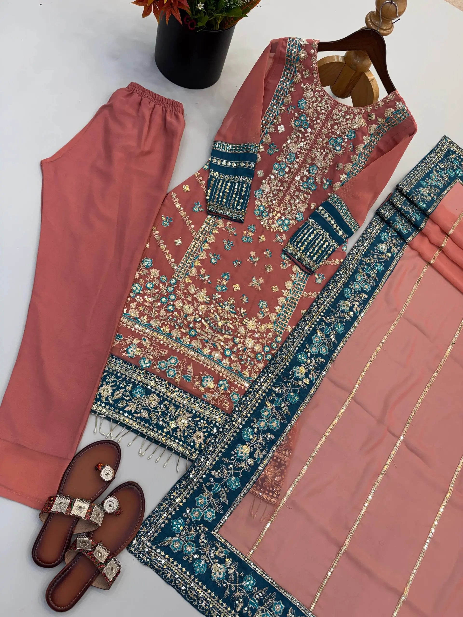 Teal Georgette Kurta Pant Set with Dupatta