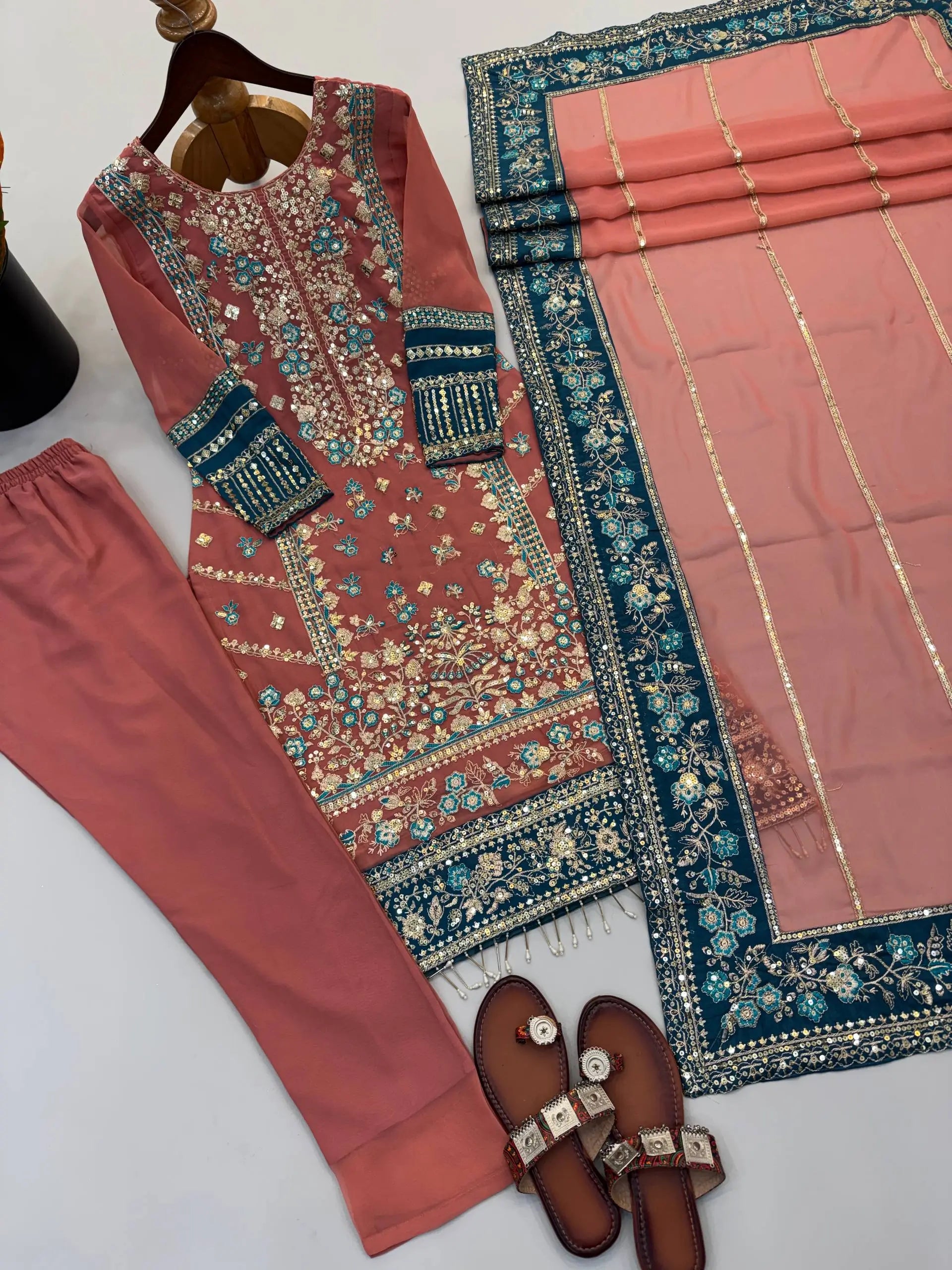 Teal Georgette Kurta Pant Set with Dupatta
