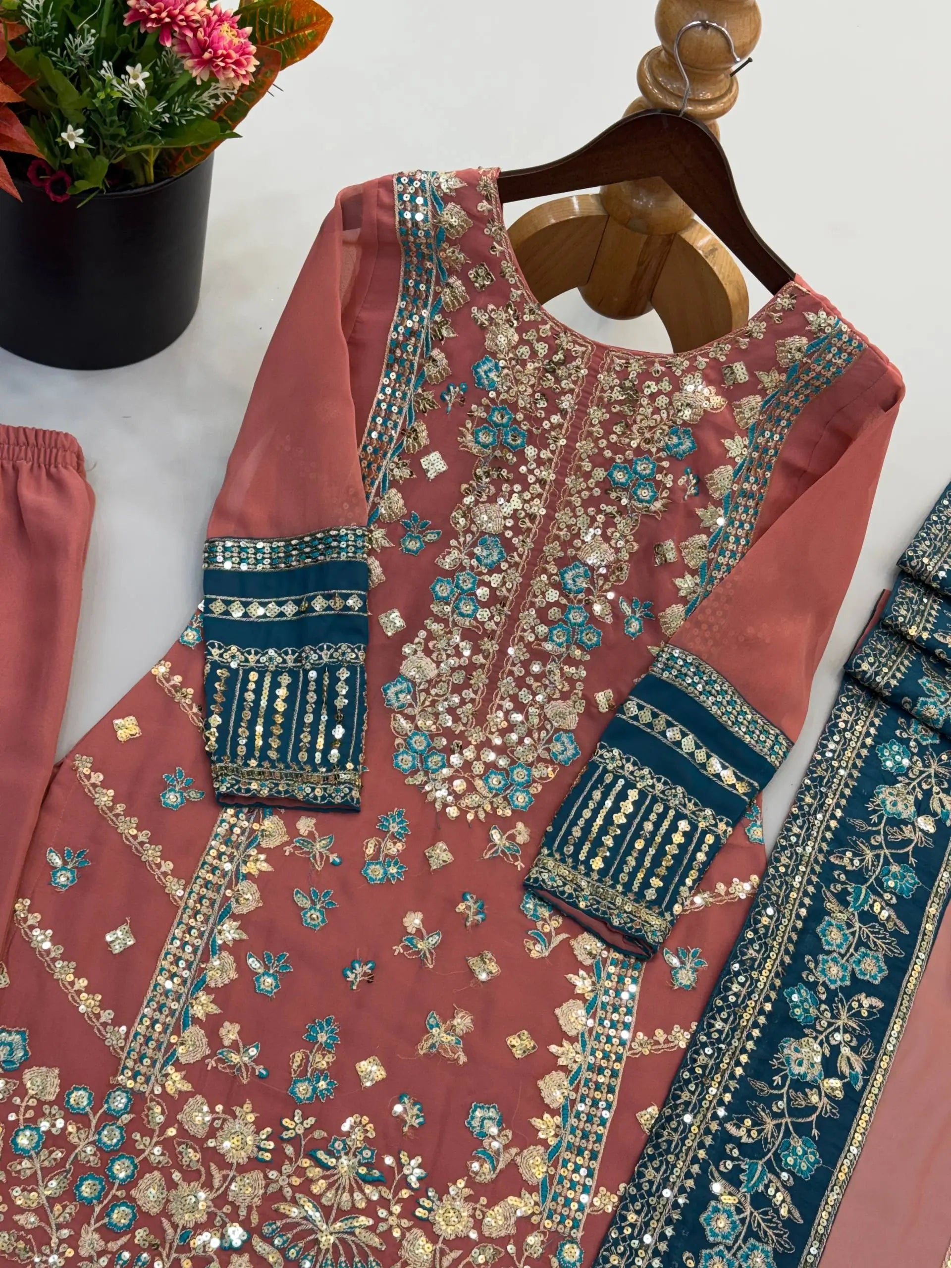 Teal Georgette Kurta Pant Set with Dupatta