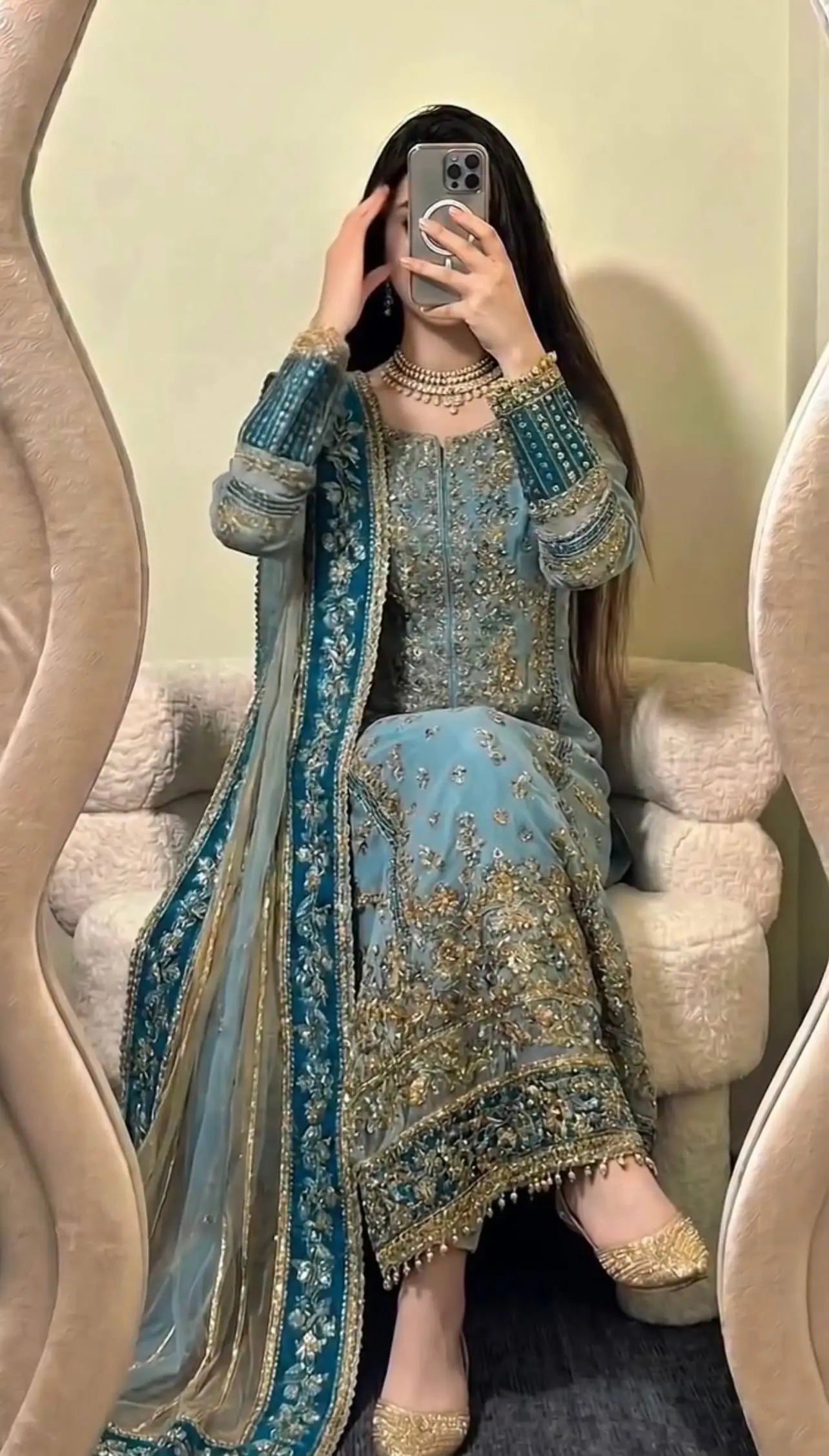Teal Georgette Kurta Pant Set with Dupatta