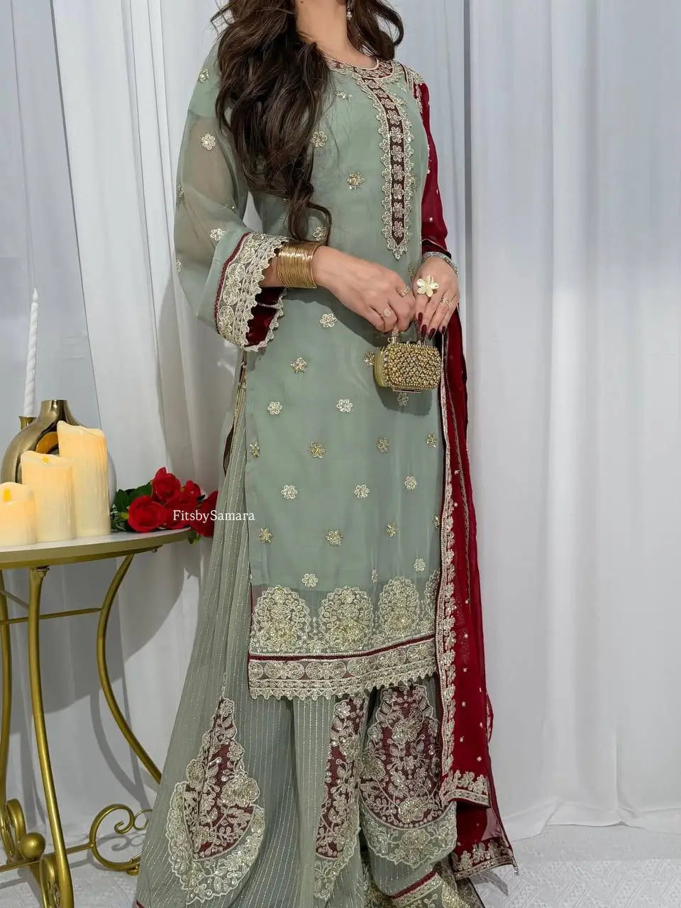 Teal Georgette Kurta Pant Set with Dupatta
