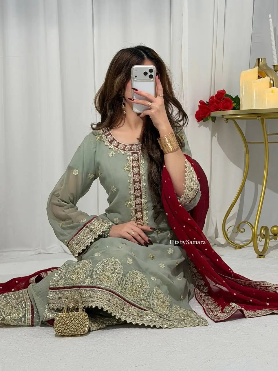 Teal Georgette Kurta Pant Set with Dupatta