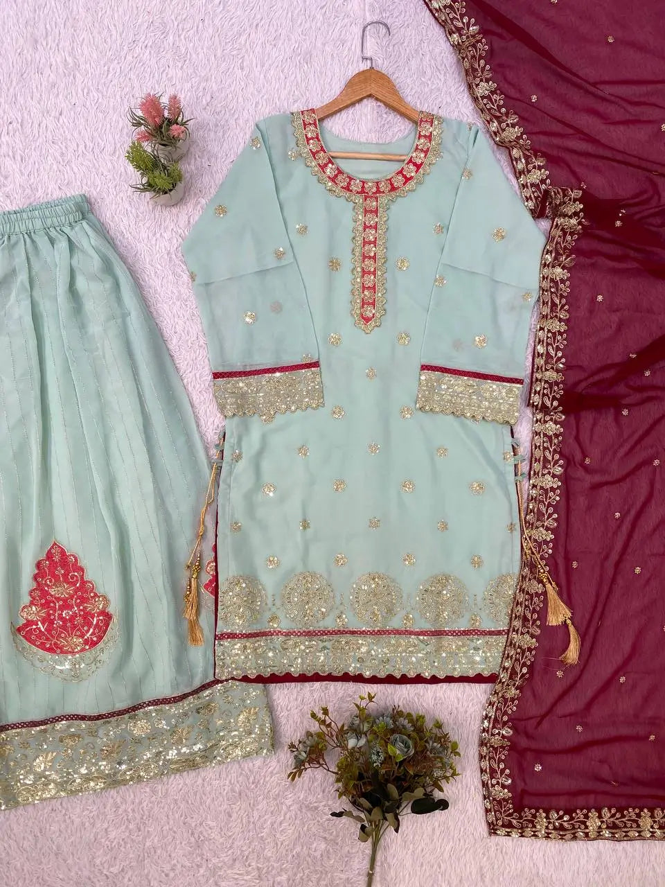 Teal Georgette Kurta Pant Set with Dupatta